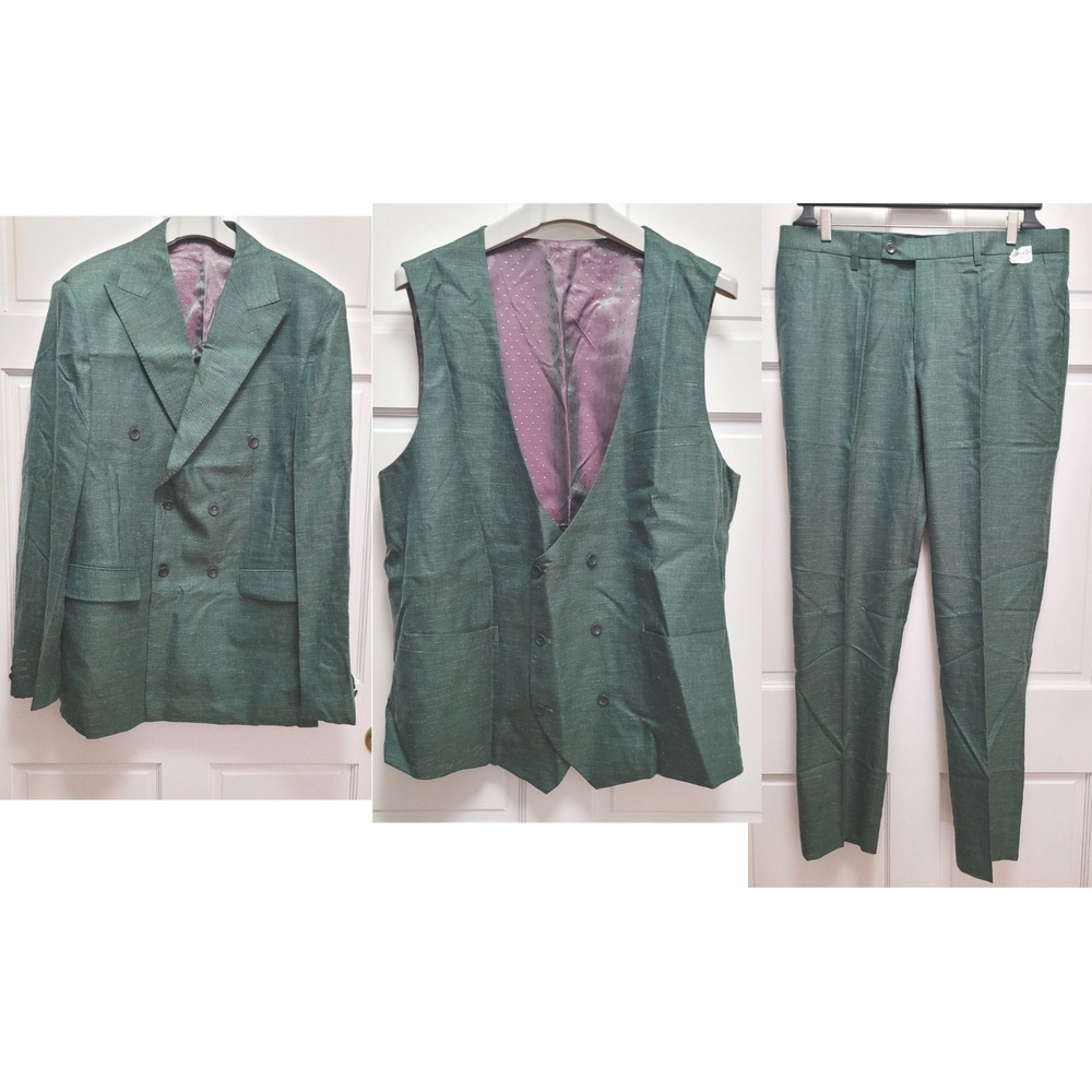 Tony & Tony Men's Custom Made 3pc Suit - Green w/ Purple Satin Lining - 44L
